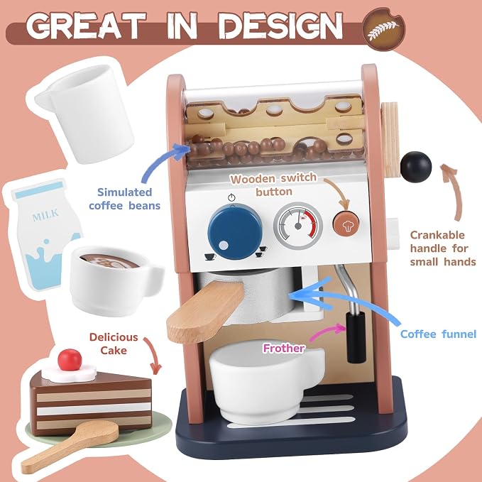 GAGAKU Wooden Coffee Maker Toy 14 pcs Play Kitchen Accessories Toy Coffee Maker for Kids Pretend Playset Toddler Coffee Maker Gifts for Boys and Girls