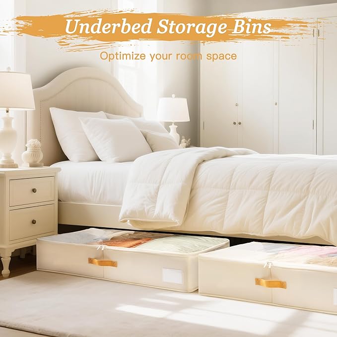 Criusia Under Bed Storage Bins with Clear PVC Lids – 4 Pack Large Underbed Organizers with Heavy-Duty Handles, Reinforced with 800G PP Panels & 80G Non-Woven Fabric – Waterproof & Foldable, Beige