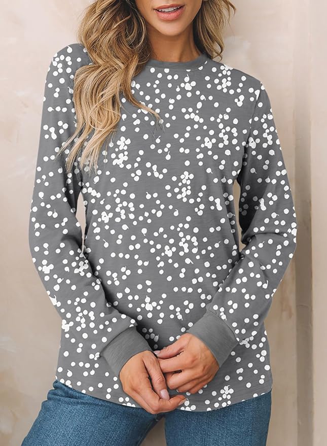 EVALESS Womens Crewneck Long Sleeve Tops Casual Polka Dots Tops Fall 2026 Tshirts Shirts