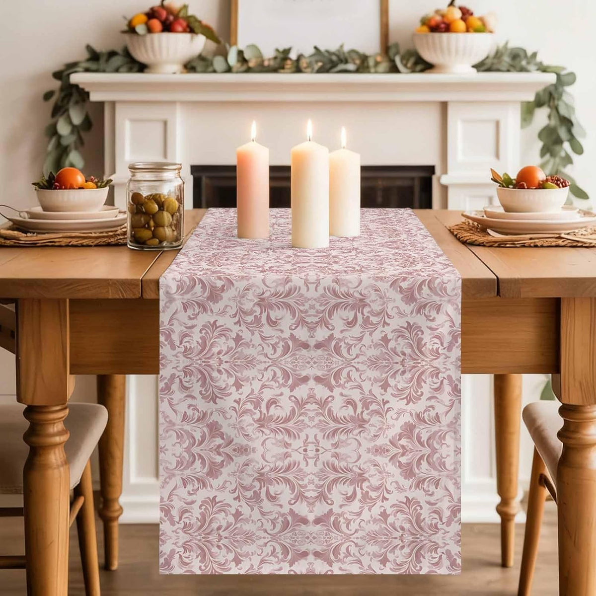 Pink Baroque Table Runner 70 Inches Long, Kitchen Dining Table Decoration, Farmhouse Scroll Floral Damask Patterned Coffee Tablerunner Dress Scarves Farmhouse Décor for Party, Holiday, 13 x 70