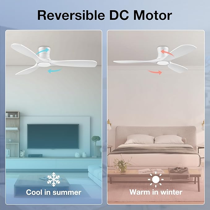 52inch Wood Ceiling Fans with Lights and Remote,Low Profile Modern White Ceiling Fan with Light,Outdoor Indoor Flush Mount Ceiling fan,for Bedroom Living room Patio,3 Blades,Dimmable LED,Quiet
