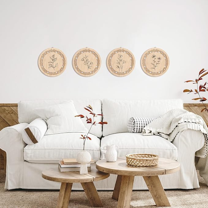 HPNIUB Minimalist Floral Wall Decor, Farmhouse Line Botanical Hanging Wooden Sign Wall Art, 4 Pieces 9.8''x9.8'' Aesthetic Flowers Leaf Wood Plaque, Modern Neutral Pictures for Living Room Office