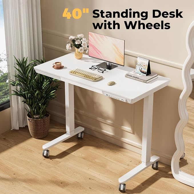40" Electric Stand up Desk with Drawer, Height Adjustable | Sit Stand Home Office Desk with Storage, One-Piece Tabletop with USB Charging Ports, Quick Assembly Computer Desk on Wheels