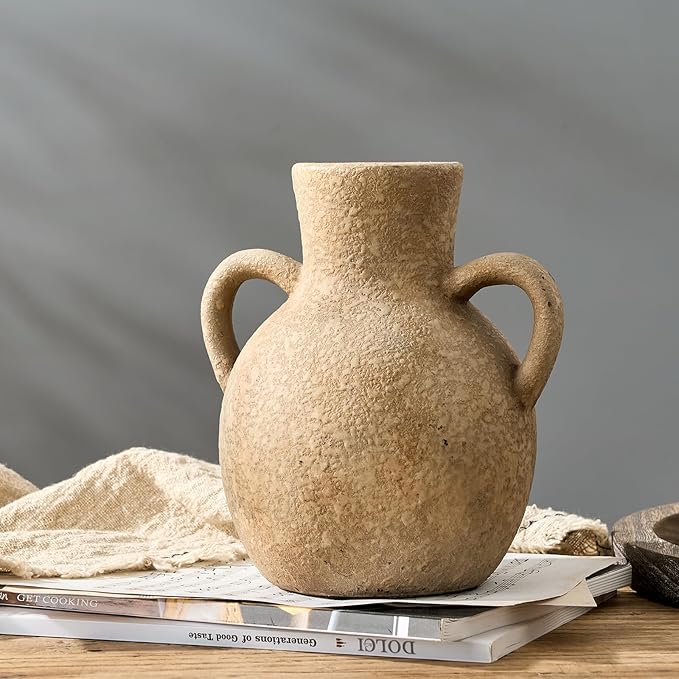 SIDUCAL Rustic Ceramic Farmhouse Flower Vase with 2 Handles, Terracotta Vase, Decorative Pottery Flower for Home Decor, Table, Wedding, Living Room, Shelf Decor, 7.3 Inch, Brown