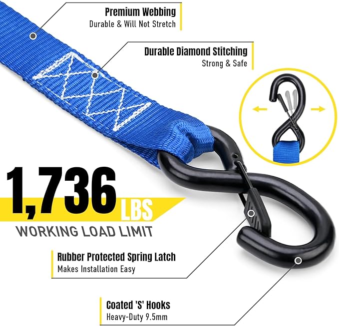 Stay There Heavy Duty Ratchet Tie Down Straps - 5208 Lbs Breaking Strength 1.6" x 8', Includes 4 Heavy Duty Ratchet Padded Handles – Coated Deep S-Hook & Carry Bag (Blue)