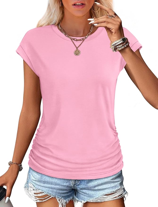 Sampeel Womens Summer Tops Trendy 2026 Ruched Cap Short Sleeve Tshirts Shirts Crew Neck T Shirts Fashion