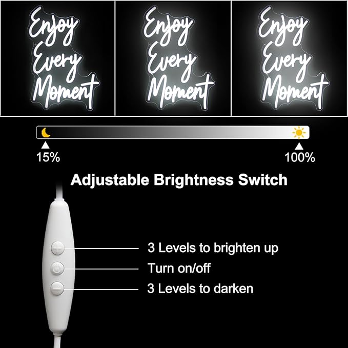 Enjoy Every Moment Neon Signs for Wall White Letter Neon Lights LED Letter Sign Dimmable Words Light Up Signs for Bedroom Bar Restaurant Salon Party Decor