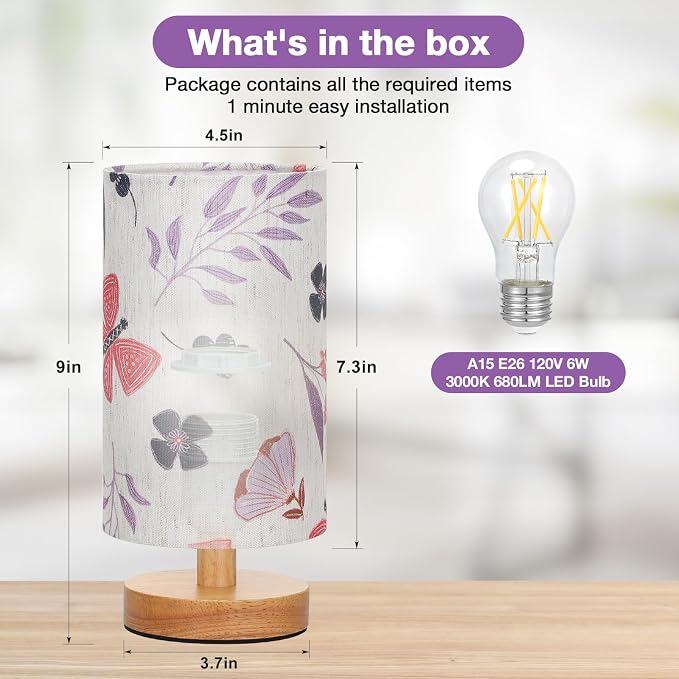 Fenmzee Small Table Lamps (Butterfly Cream Shade, 9" Inline Control) | 3000K LED Blub Included | 680 Lumens | Easy Assembly | Minimalist Design | E26 | for Kitchen | for Kids Room