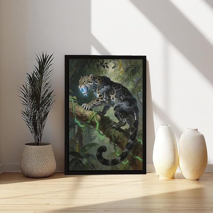 Framed Steampunk Mechanical Leopard Wall Art - Jungle Futuristic Beast Poster for Man Cave Living Room Decor 08x12in