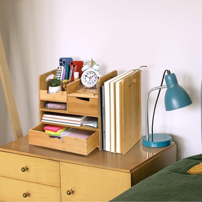 ZOOFOX Bamboo Desk Organizer with Adjustable File Holder, Mail Organizer Countertop with Drawer, 4-Tier Desktop Organization and Desk Accessories for Home Office School Supplies, No Assembly Required