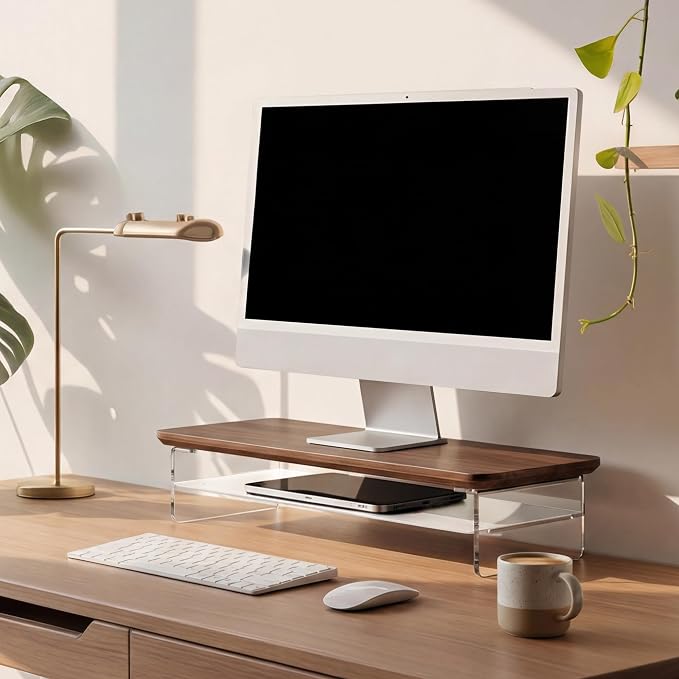 Fenge 23.6" Monitor Stand with Clear Acrylic Legs, Brown | Clear acrylic, storage compartment, 2-tier home office monitor riser, wide large desktop shelf fit monitor/laptop/printer