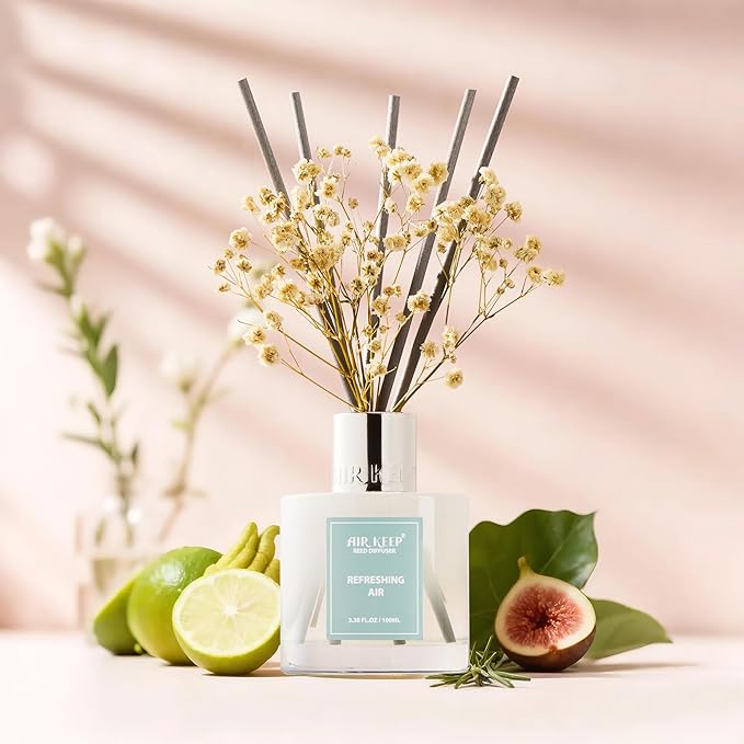 Airkeep Reed Diffuser Set,3.38 fl oz (100 ml) - Refreshing Air Oil Diffusers with 8 Reed Sticks, Home Fragrance Reed Diffuser for Bathroom Shelf Decor