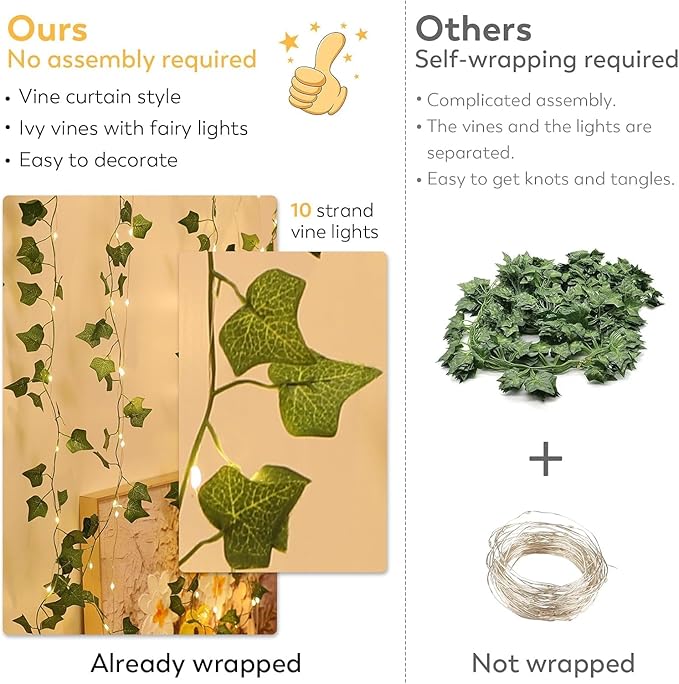 Vines Lights for Bedroom, 6.5ft x 6.5ft Ivy Garland with 200 LED Vine Artificial Fairy Lights Curtain 8 Modes, USB Hanging Vine Lights for Wedding Window Wall Party Christmas Decoration