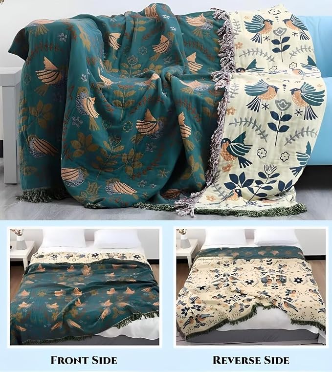 Boho Throw Blanket for Bed 100% Cotton Bohemian Blankets Ultra Soft Woven Muslin Decorative Blankets All Seasons Vintage Quilt Knitted Blanket for Sofa Chair(Blue, 80"x90")