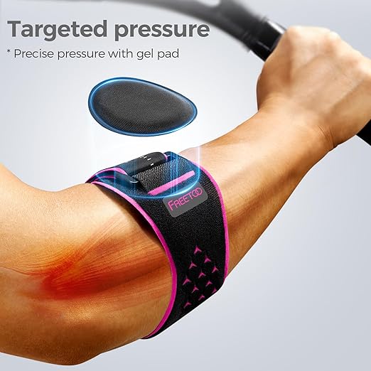FREETOO Elbow brace for Tendonitis and Tennis Elbow for Women Men, Golfers Elbow Brace for Women for Pain Relief, Adjustable Tennis Elbow Support Band for Epicondylitis, Basketball, Exercise Pink S/M