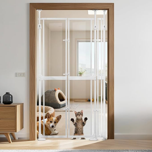 74.80-98.43'' Extra Tall Cat Gate, Adjustable 33.86” and 35.80" Wide, Transparent Full Door Pet Gate, Auto Close No Drilling Cat Proof Safety Gate for Doorway Stairs- White