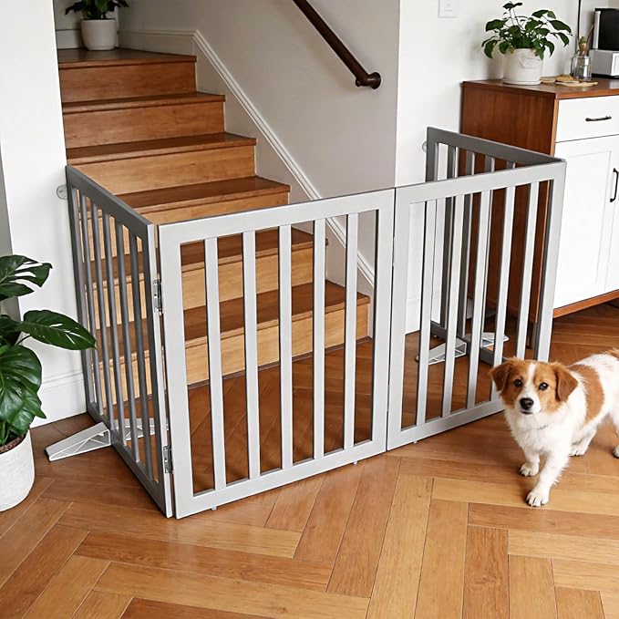 ZJSF Freestanding Indoor Dog Gate for House Foldable Wood Puppy Gate for Doorways Pet Gate for Stairs Extra Wide Pet Fence, Grey, 32" Height 4 Panels