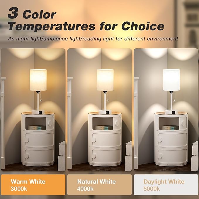 Small Bedside Lamp for Bedroom Nightstand - 3000K 4000K 5000K Bedside Lamps with USB C and A Ports, Pull Chain Table Lamps with AC Outlet, Nightstand Lamps with White Metal Base for Kids Reading