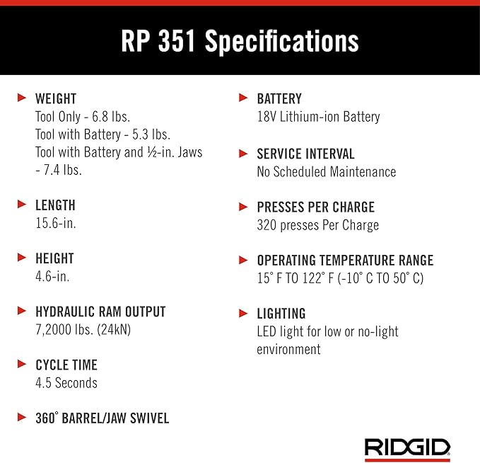 RIDGID 67178 Model RP 351 ProPress Standard Press Tool Kit with Battery, Charger, 1/2" to 2" Press Tool Jaws, and Carrying Case