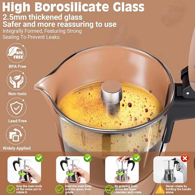 6 Cup 300ml Glass Moka Pot, Stovetop Espresso Maker, Silver | Crystal Glass-top & Stainless Steel Coffee Maker, Induction Compatible, for Greca de Cafe, Cuban and Italian Coffee Brewing