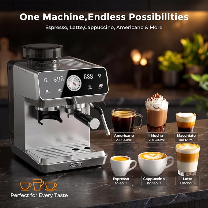 Espresso Machine with Grinder, 20-Bar Programmable Semi-Automatic Coffee Maker, Visual Pressure Gauge & Touchscreen, Compact Design with Tamper, Make Americano, Latte, Cold Brew, Silver