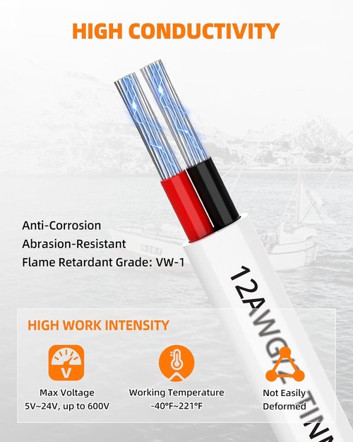 CONEPY 12 Gauge Marine Wire - Waterproof 12/2 Duplex Tinned Copper Cable for Boats & RVs | 200FT
