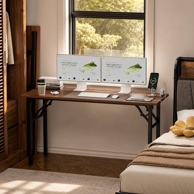 Folding Table Computer Desk - 55.1" No Assembly Folding Desk with Power Outlets & USB Charging Port, Small Desk, Foldable Office Desk, Compact Storage Portable Use for Small Space, Dark Walnut
