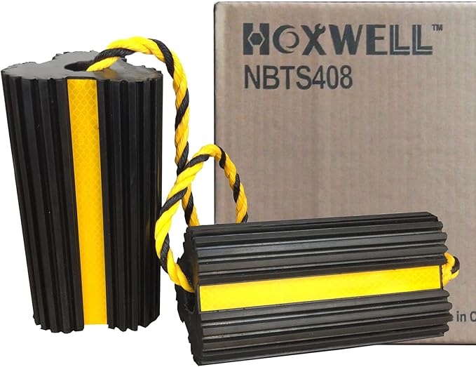 HOXWELL Heavy Duty Rubber Dual Wheel Chocks, RV Non Slip Wheel Stoppers with Nylon Rope Yellow Reflective Tape, Wheel Block for Travel Trailers, Aircraft, Car, Camper, Truck 1 Pair