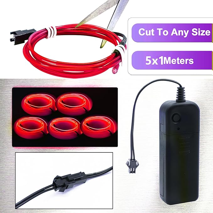 Ourbest EL Wire Lights Battery Powered, Wearable Led Wire Lights 5in1 neon String Light,DIY neon Sign kit Stay/Slow/Fast Flash Party Decoration 1M Red