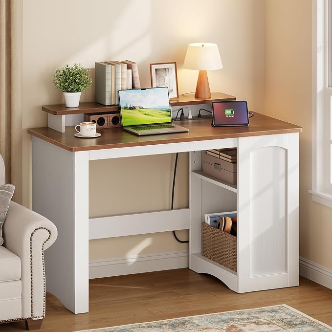 HOOBRO Farmhouse Computer Desk, Office Desk with Charging Station, Executive Desk with Monitor Stand & Adjustable Shelf, Small Desk for Small Space, Study, Living Room, White and Walnut WH85UDN01