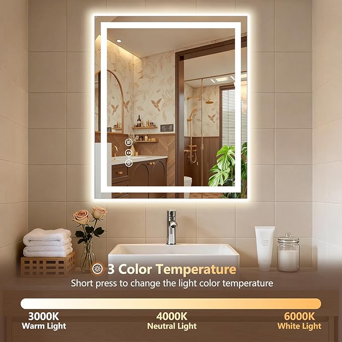 60x40 LED Bathroom Mirror with Lights - Dimmable, Anti-Fog, 3 Color Backlit & Front Lit Mirror for Bathroom, Shatter-Proof Tempered Glass, Easy Installation