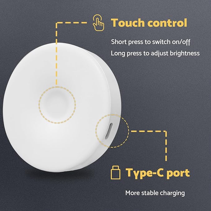 Rechargeable Puck Lights 2 Pack, Magnetic Tap Light 1000mAh Battery Powered, Warm Yellow, Dimmable Touch Light Stick on for Closet, Locker, Cabinet, Bedside, Kitchen