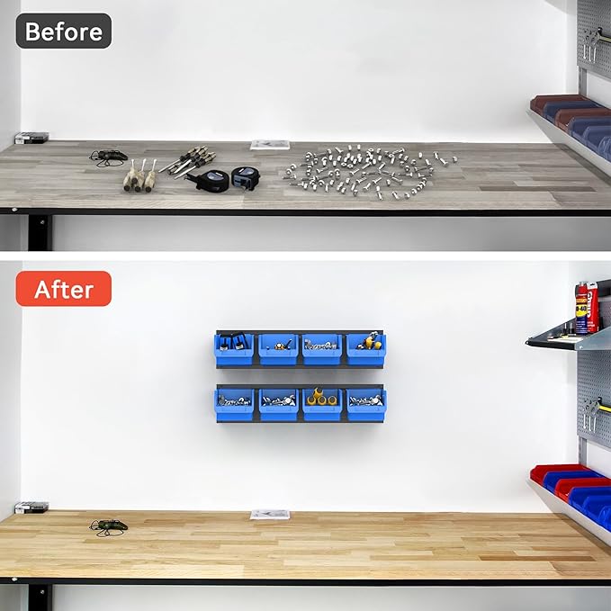 TORACK Wall-Mounted Storage Bins, 16 Plastic Bins for Tools Organization in Garage, Craft Room, and Shop(4-Pack, Blue)