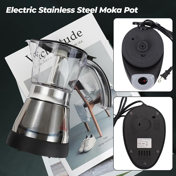 Electric Plastic Clear Moka Pot 3-6 Cup 150-300ml Mocha Pot | Stainless Steel Espresso Maker with Detachable Base Ideal Coffee Maker for Home Italian and Cuban Café Coffeemaker Black