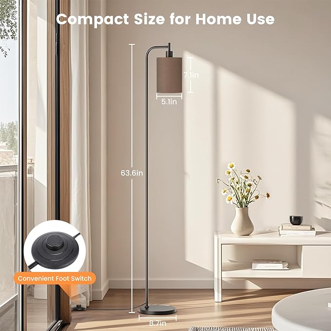 Floor Lamp with Linen Shade, Dimmable Tall Standing Lamp with Remote Control & 3 Color Temperatures, Modern Floor Lamps for Living Room Bedroom Office Corner, 9W LED Bulb Included