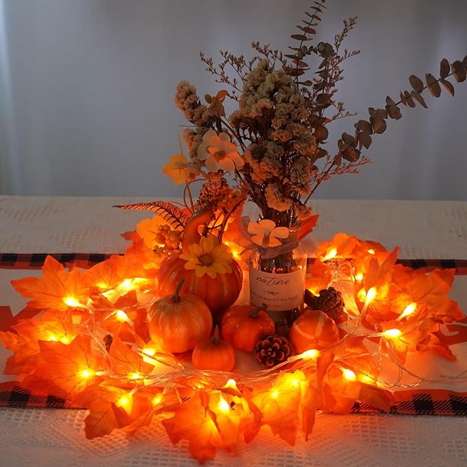YEGUO 2 Packs Thanksgiving Decorations for Home, Fall Lights Battery Operated, Total 20ft 40 LED Lighted Fall Garland Maple Leaves for Holiday Autumn Harvest Fall Thanksgiving Halloween Decor
