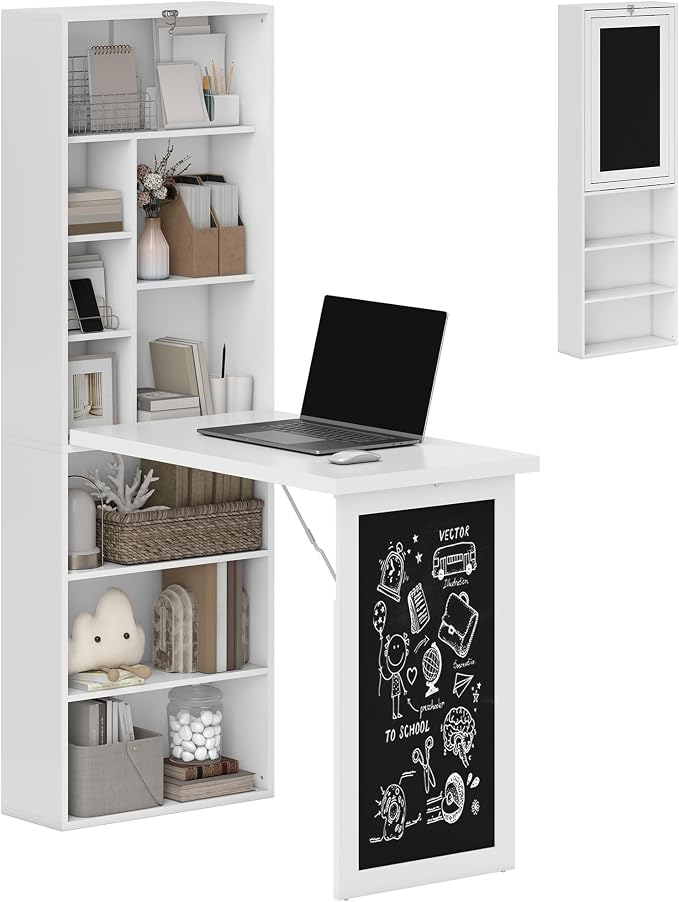 HOMCOM Foldable Convertible Writing Table Space-Saving Computer Desk White | Wall Mounted Design, Chalkboard, Storage Shelves, for Small Spaces, Home Office, Bedroom, Dorm, Apartment