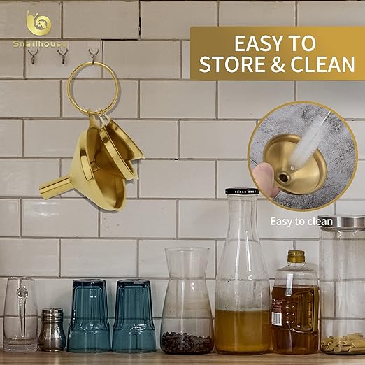 Snailhouse Small Funnels, 3 Pack Stainless Steel Mini Metal Food Funnel with Cleaning Brush Set for Filling Bottles Kitchen Use, Gold (1.78/2.16/2.95 in)