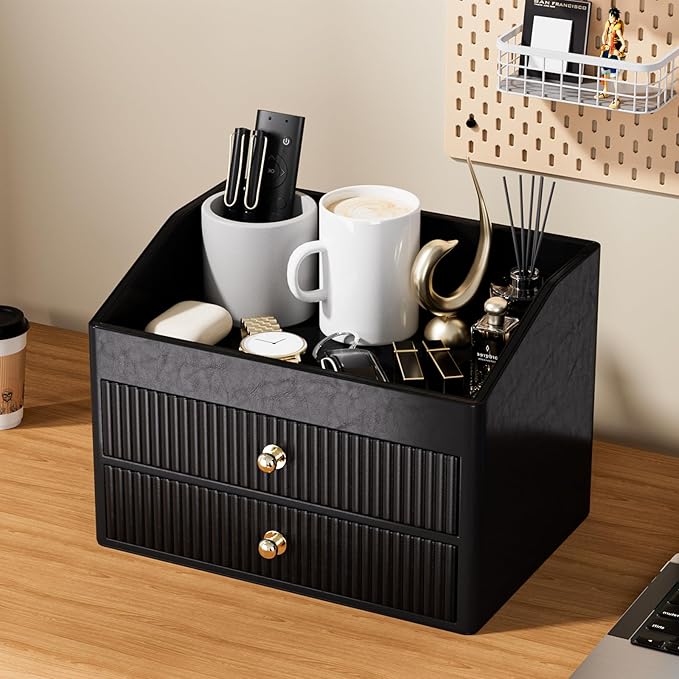 Office Supplies,Black Vegan Leather Office Organization with 2 Drawers & Tray,Glasses Holder with Gold-Tone Metal Accents Knob for End Tables,Bedside Table,Bedroom