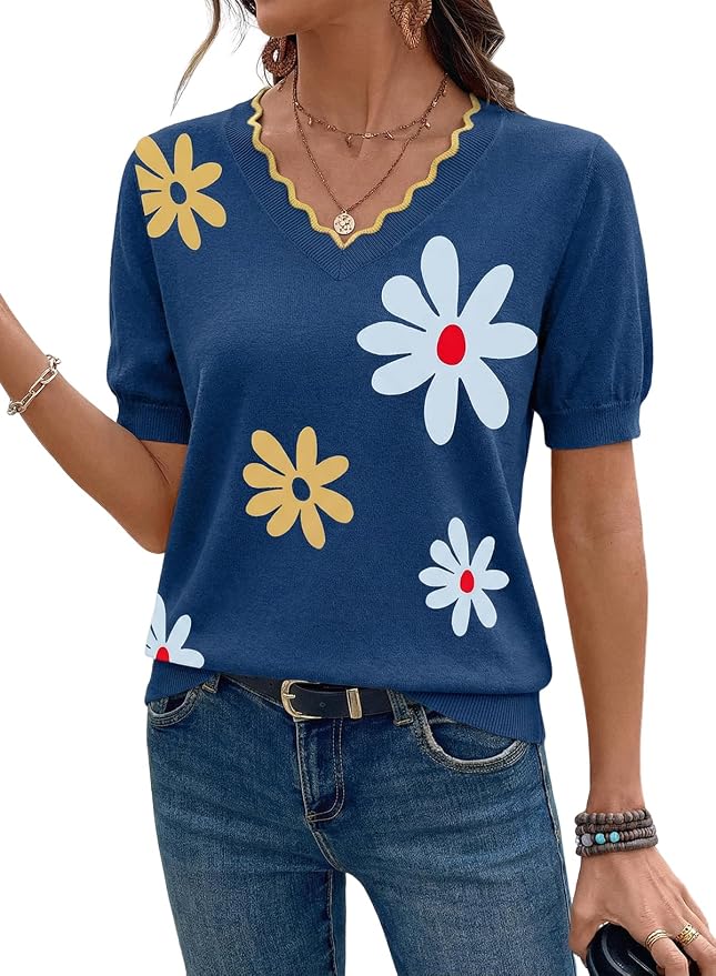 Dokotoo Womens Summer Short Sleeve Knit Tops 2026 Spring Trendy Casual V Neck Striped Sweater Blouses