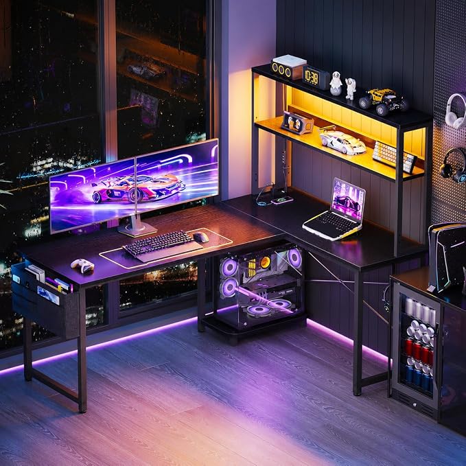 ODK 53" L Shaped Gaming Desk with Shelves, LED & Outlets, Black | Hook for headset, bag for gear. Shelves for books & supplies. LED for gaming nights. Reversible. Home office computer desk.