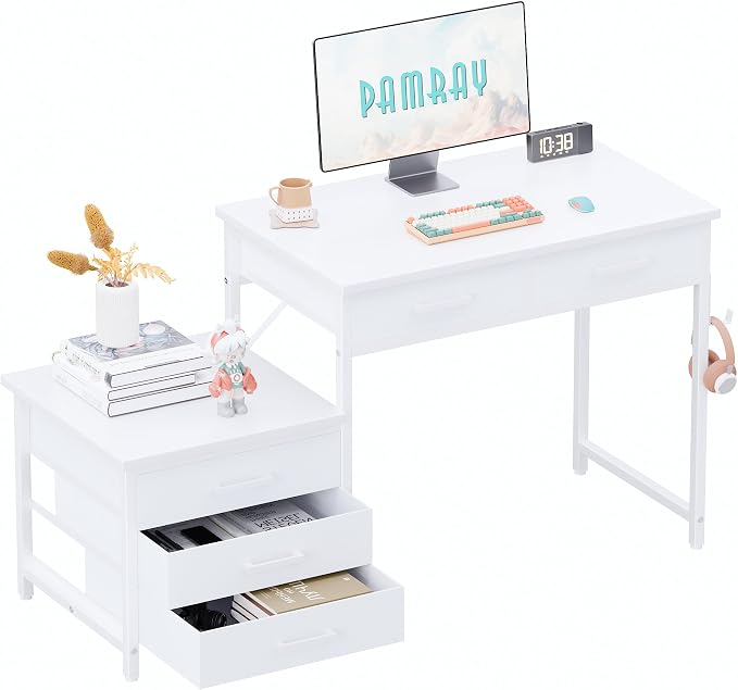 Pamray 47 inch Computer Desk with 5 Drawers and Printer Space for Office | Ample Storage, Space-saving, Easy Assembly, Sturdy, Suitable for Home Office, Study and Writing, Bedroom and Dorms