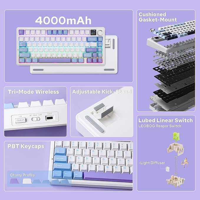 EPOMAKER X Aula F75 MAX Wireless Mechanical Keyboard with TFT Screen and Knob, Gasket Gaming Keyboard in 75% Layout, Hot Swappable, RGB Backlight, for PC/Mac/Linux (Blue&White&Purple)