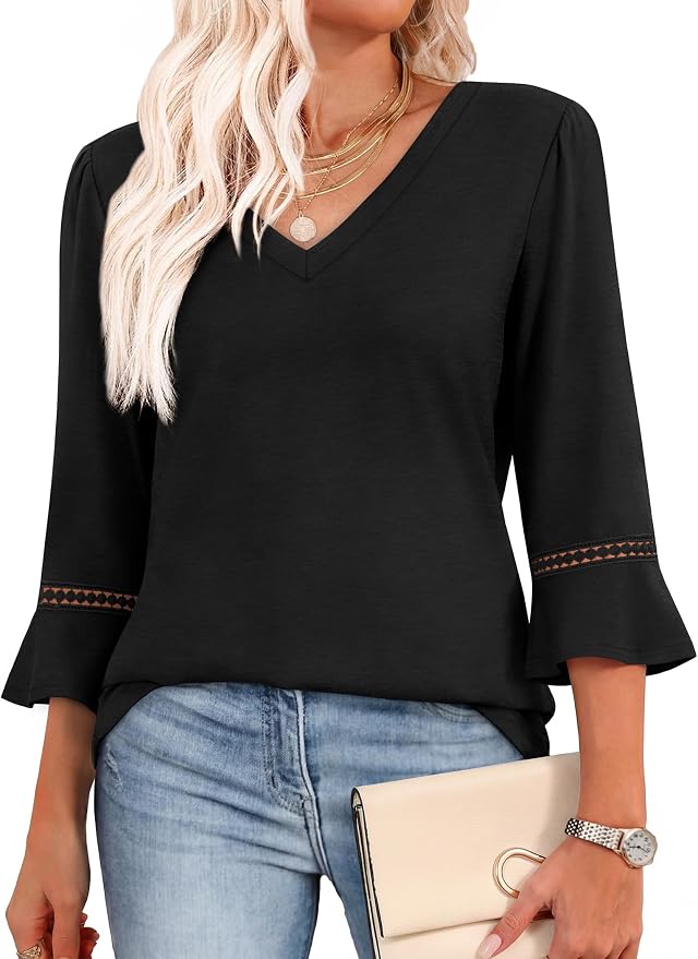 WIHOLL Womens Blouses Dressy Casual 3/4 Length Sleeve Tops Lace Trendy 2026 Spring Summer V Neck Shirts Vacation Outfits