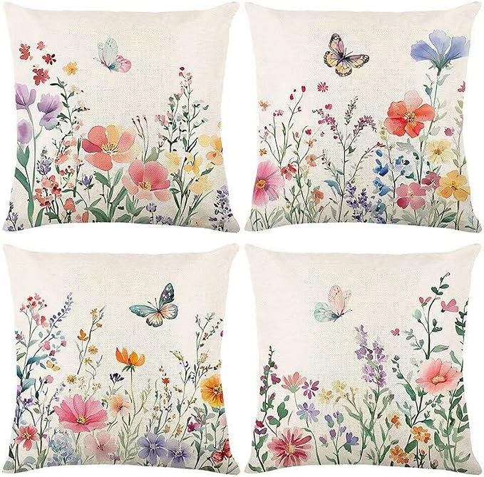 wyooxoo Spring Pillow Covers 18x18 Set of 4 Summer Farmhouse Throw Pillow Covers Floral Butterfly Decorative Cushion Cases for Sofa Couch Patio Bedroom