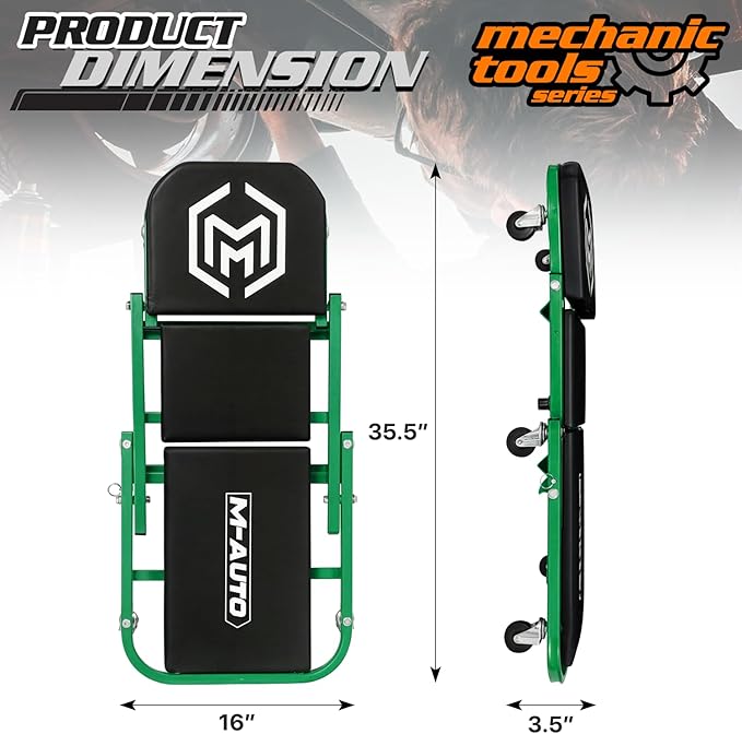 M-AUTO Foldable Z Creeper 2-in-1 Rolling Folding Car Creeper & Seat, 36" Adjustable Roller Garage Chair Lay Down or Sit, 330LBS Capacity Under Car Roller Creeper with 6 Swivel Casters, Green