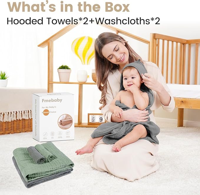 Hooded Baby Towels for Newborn 2 Pack 36x36 Inch Muslin Cotton Baby Bath Towel and 2 Pack Washcloths for Babies, Infant, Toddler and Kids, Soft and Absorbent Newborn Essential(Grey and Blue)