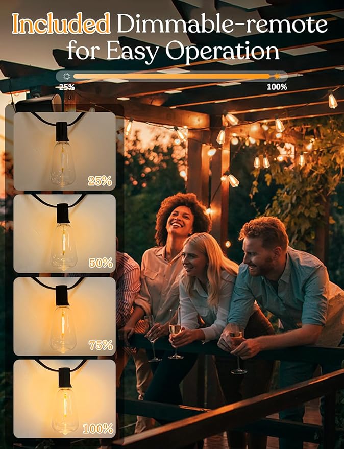 GHUSTAR 150ft Solar Outdoor String Lights with Remote - USB Rechargeable Solar Powered Outdoor Patio Lights - Timer, Dimmable Shatterproof ST38 Bulbs for Backyard, Garden, Pool
