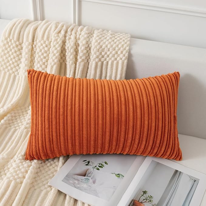 UGASA 14x20 Inch Pillow Cover Pack of 1 Soft Boho Stripe Corduroy Long Rectangle Lumbar Cushion Case Farmhouse Decorative Throw Pilowcase for Bed, Couch, Sofa, Bedroom, Living Room, Dark Orange