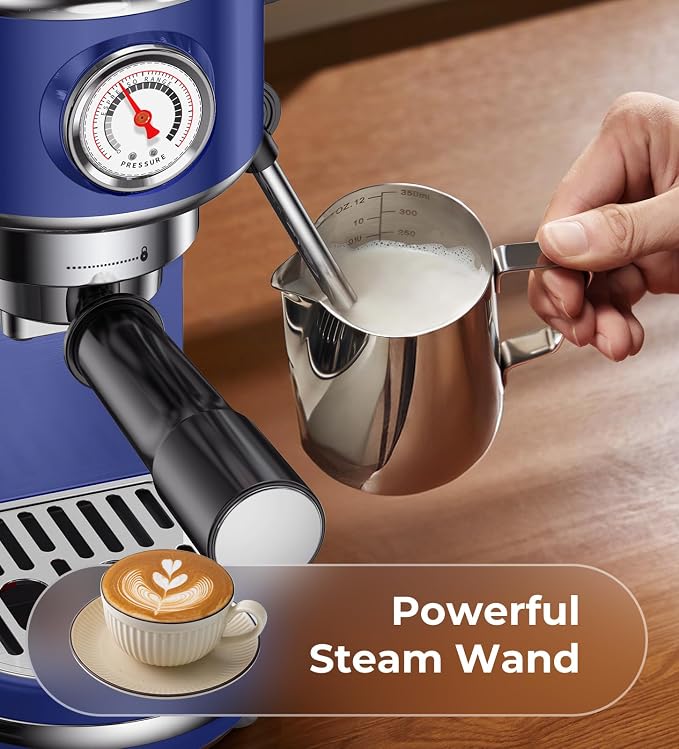 atatix 20 Bar Espresso Machine with Milk Frother, Compact Espresso Maker | Stainless Steel Coffee Machine with Precise Temp Control & 44oz Removable Water Tank for Latte, Cappuccino, Dark Blue